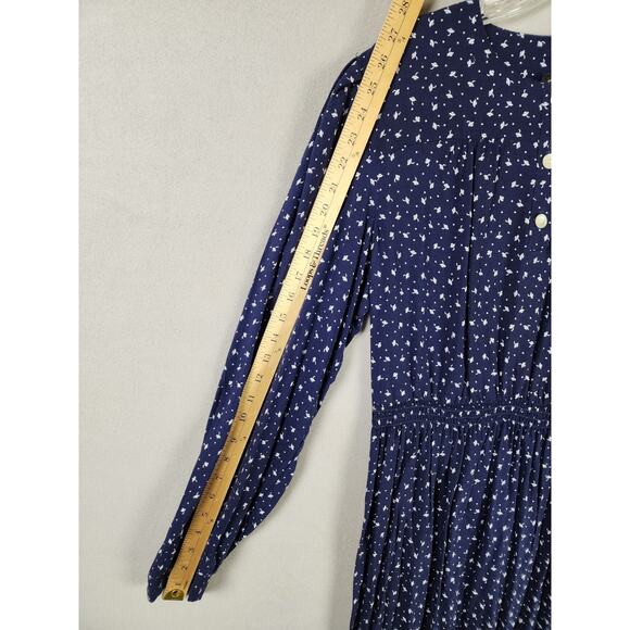 Virgo II Floral Navy Dress 12 Long Sleeve Button Front Pleated Skirt - Picture 6 of 7